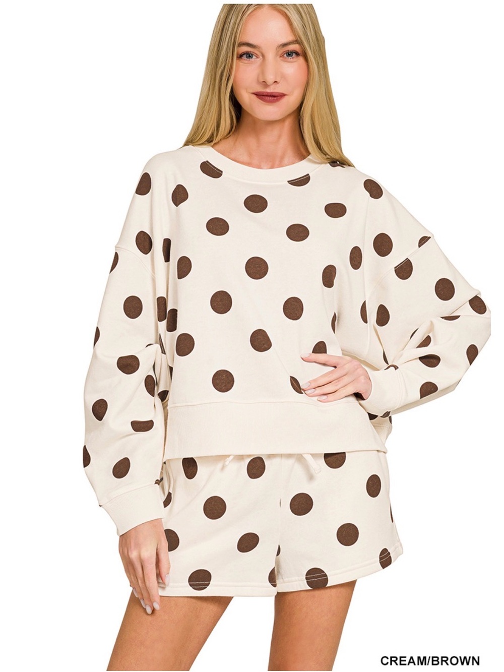 FLEECE POLKA DOT PRINT ROUND NECK PULLOVER & SHORTS SET